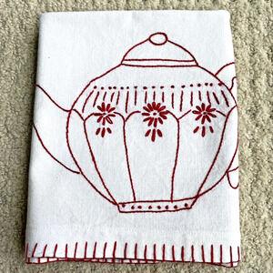 White cotton muslin kitchen tea towel red embroidery finishes country farmhouse